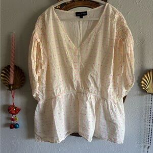 Lane Bryant White V-Neck Peplum Tunic with Neon Pink & Neon Yellow Dots